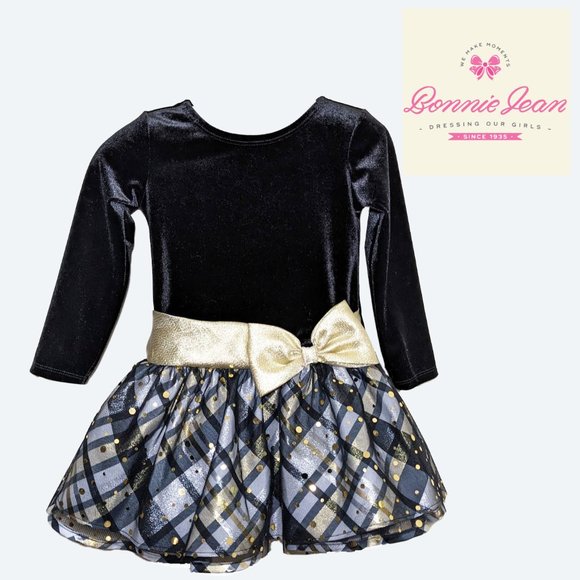 BONNIE JEAN Black Velvet/Golden Plaid Party Dress w/ 2 Layer Petticoat - Picture 1 of 6